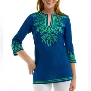 GRETCHEN SCOTT Designs The Reef Tunic, Royal/Kelly Embroidery, NWT, Sz.M